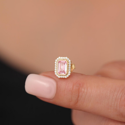 Rectangle Pink Tourmaline Bezel Stud Earrings in 10K/14K Solid Gold Surrounded with Real Diamonds, October Birthstone Jewelry