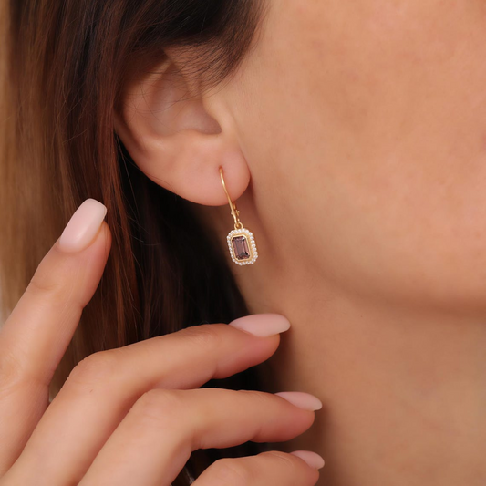 Rectangle Smoky Quartz Bezel Dangle Earrings in 8K/10K/14K Solid Gold Surrounded with Real Diamonds, Birthstone Jewelry