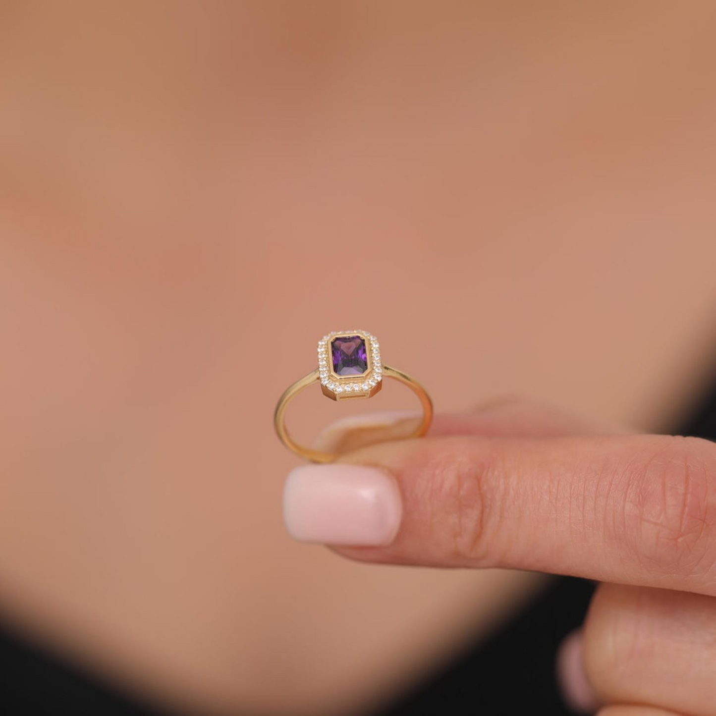 Rectangle Amethyst Bezel Ring in 14K Solid Gold Surrounded with Real Diamonds, February Birthstone Jewelry