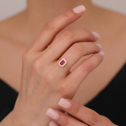 Rectangle Ruby Bezel Ring in 14K Solid Gold Surrounded with Real Diamonds, July Birthstone Jewelry