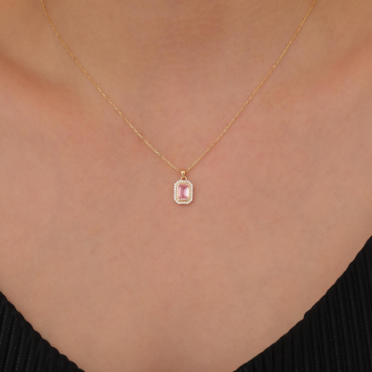 Rectangle Pink Tourmaline Bezel Necklace in 8K/10K/14K Solid Gold Surrounded with Real Diamonds, October Birthstone Jewelry