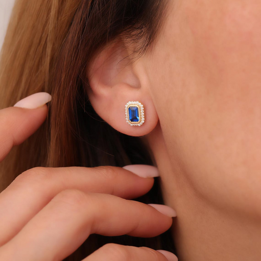 Rectangle Sapphire Bezel Stud Earrings in 10K/14K Solid Gold Surrounded with Real Diamonds, September Birthstone Jewelry