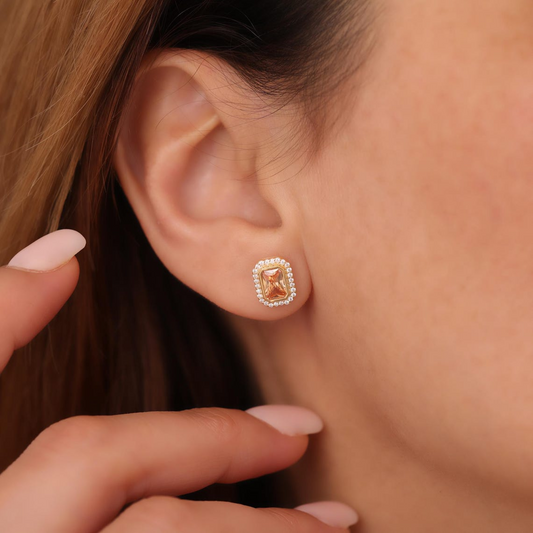 Rectangle Citrine Bezel Stud Earrings in 10K/14K Solid Gold Surrounded with Real Diamonds, November Birthstone Jewelry