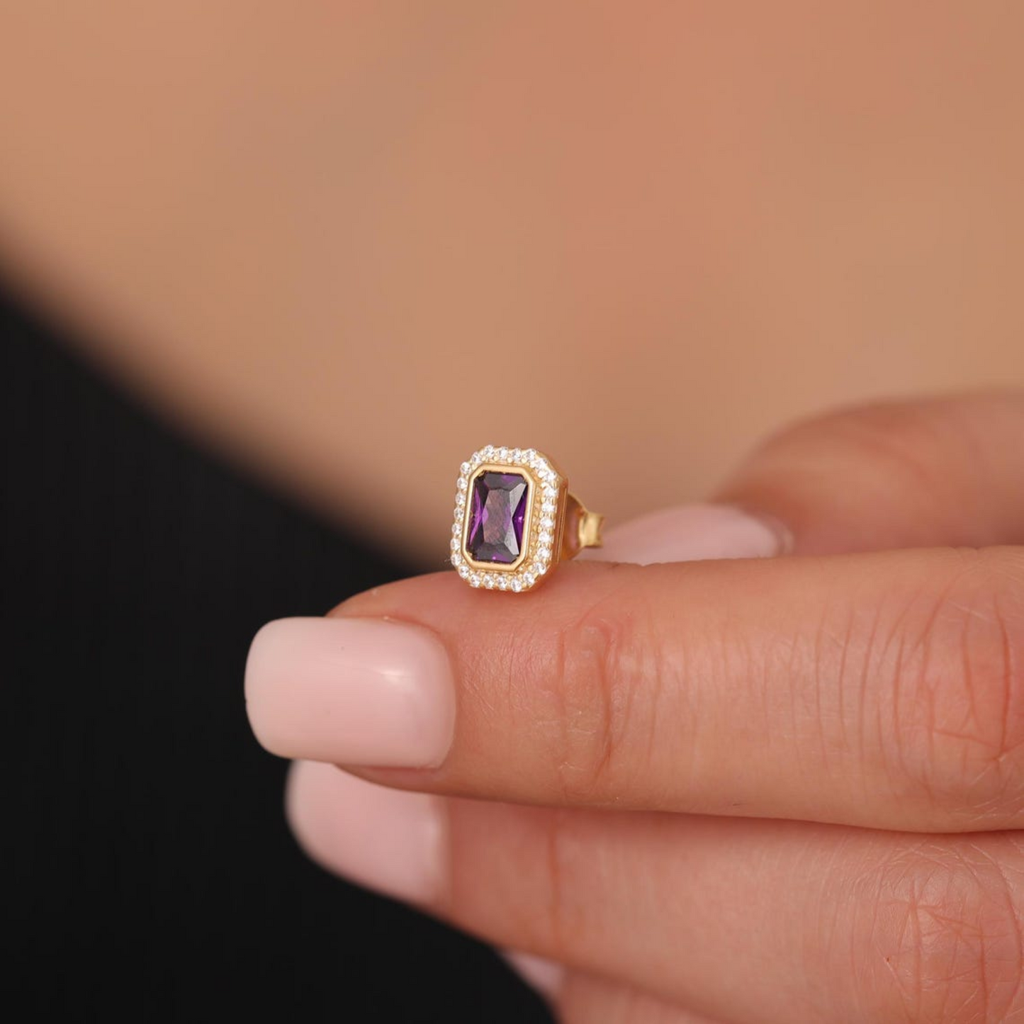 Rectangle Amethyst Bezel Stud Earrings in 10K/14K Solid Gold Surrounded with Real Diamonds, February Birthstone Jewelry