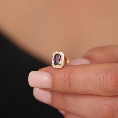 Rectangle Amethyst Bezel Stud Earrings in 10K/14K Solid Gold Surrounded with Real Diamonds, February Birthstone Jewelry