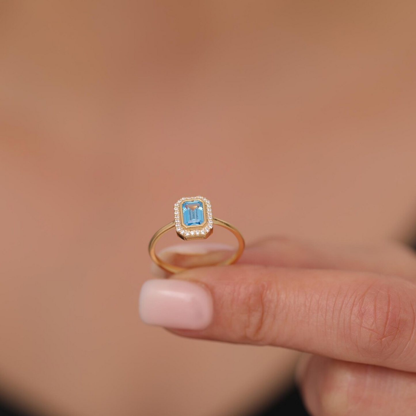 Rectangle Blue Topaz Bezel Ring in 14K Solid Gold Surrounded with Real Diamonds, December Birthstone Jewelry