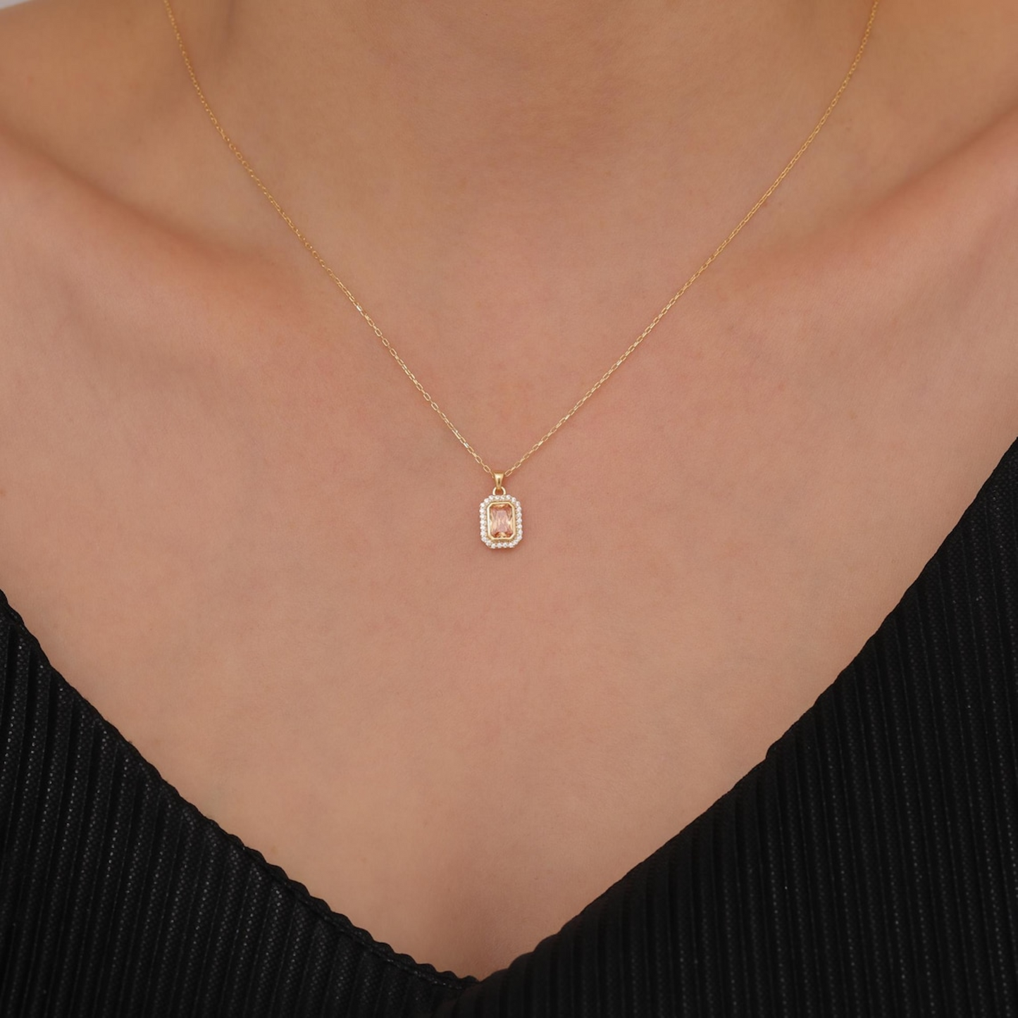 Rectangle Citrine Bezel Necklace in 8K/10K/14K Solid Gold Surrounded with Real Diamonds, November Birthstone Jewelry