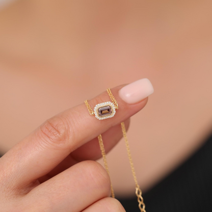 Rectangle Smoky Quartz Bezel Bracelet in 8K/10K/14K Solid Gold Surrounded with Real Diamonds, Birthstone Jewelry