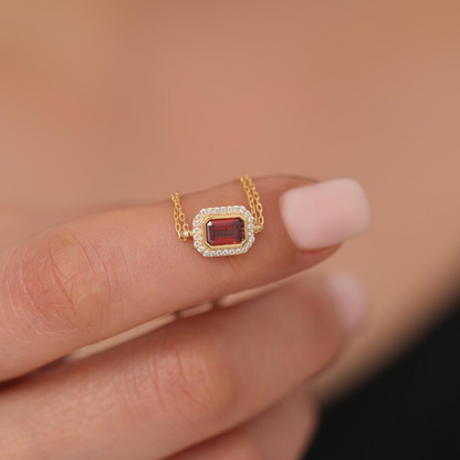 Rectangle Garnet Bezel Bracelet in 8K/10K/14K Solid Gold Surrounded with Real Diamonds, January Birthstone Jewelry