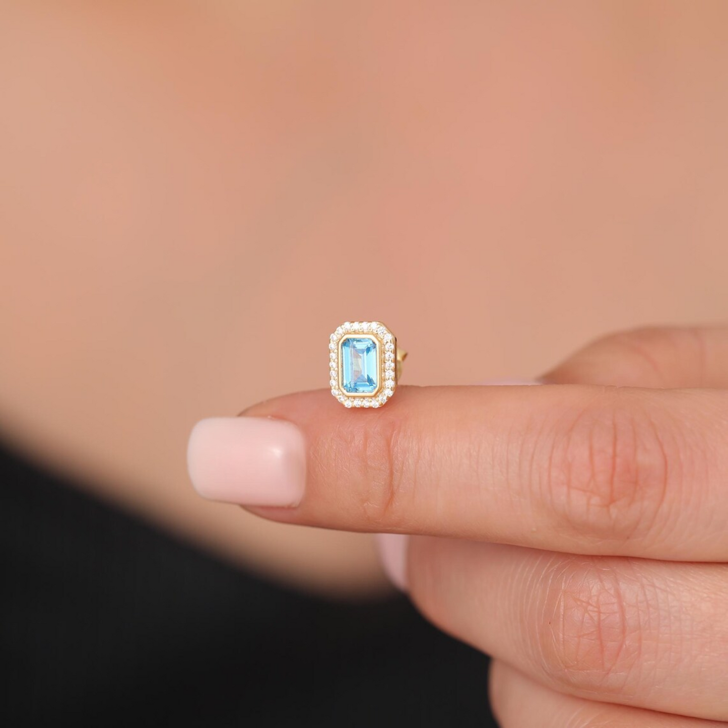 Rectangle Blue Topaz Bezel Stud Earrings in 10K/14K Solid Gold Surrounded with Real Diamonds, December Birthstone Jewelry