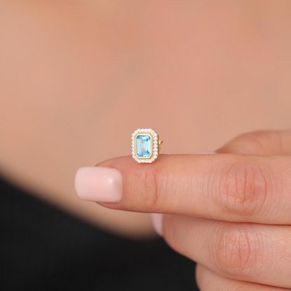 Rectangle Blue Topaz Bezel Stud Earrings in 10K/14K Solid Gold Surrounded with Real Diamonds, December Birthstone Jewelry