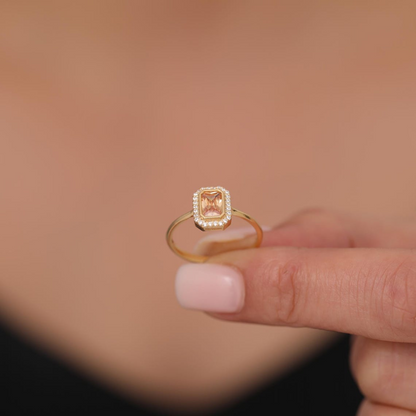 Rectangle Citrine Bezel Ring in 14K Solid Gold Surrounded with Real Diamonds, November Birthstone Jewelry