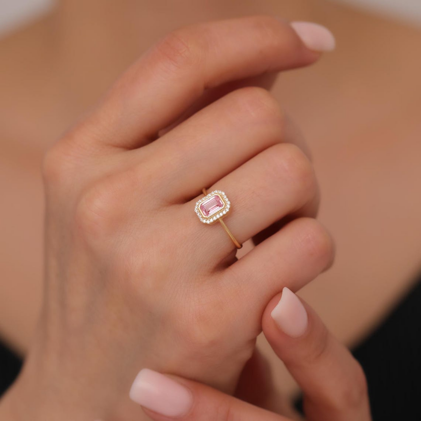 Rectangle Pink Tourmaline Bezel Ring in 14K Solid Gold Surrounded with Real Diamonds, October Birthstone Jewelry