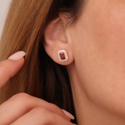 Rectangle Garnet Bezel Stud Earrings in 10K/14K Solid Gold Surrounded with Real Diamonds, January Birthstone Jewelry