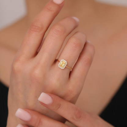 Rectangle Yellow Topaz Bezel Ring in 14K Solid Gold Surrounded with Real Diamonds, November Birthstone Jewelry
