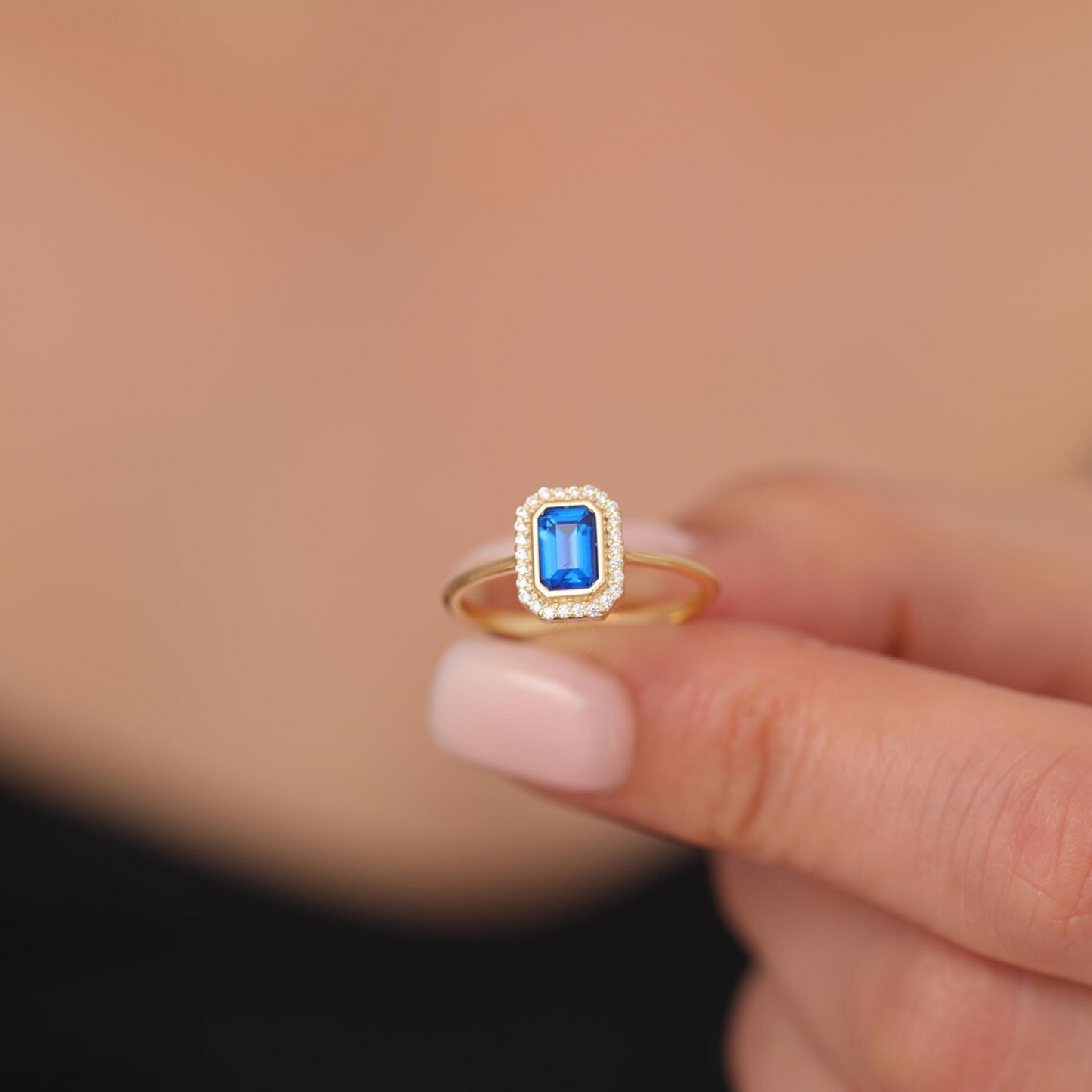 Rectangle Sapphire Bezel Ring in 14K Solid Gold Surrounded with Real Diamonds, September Birthstone Jewelry