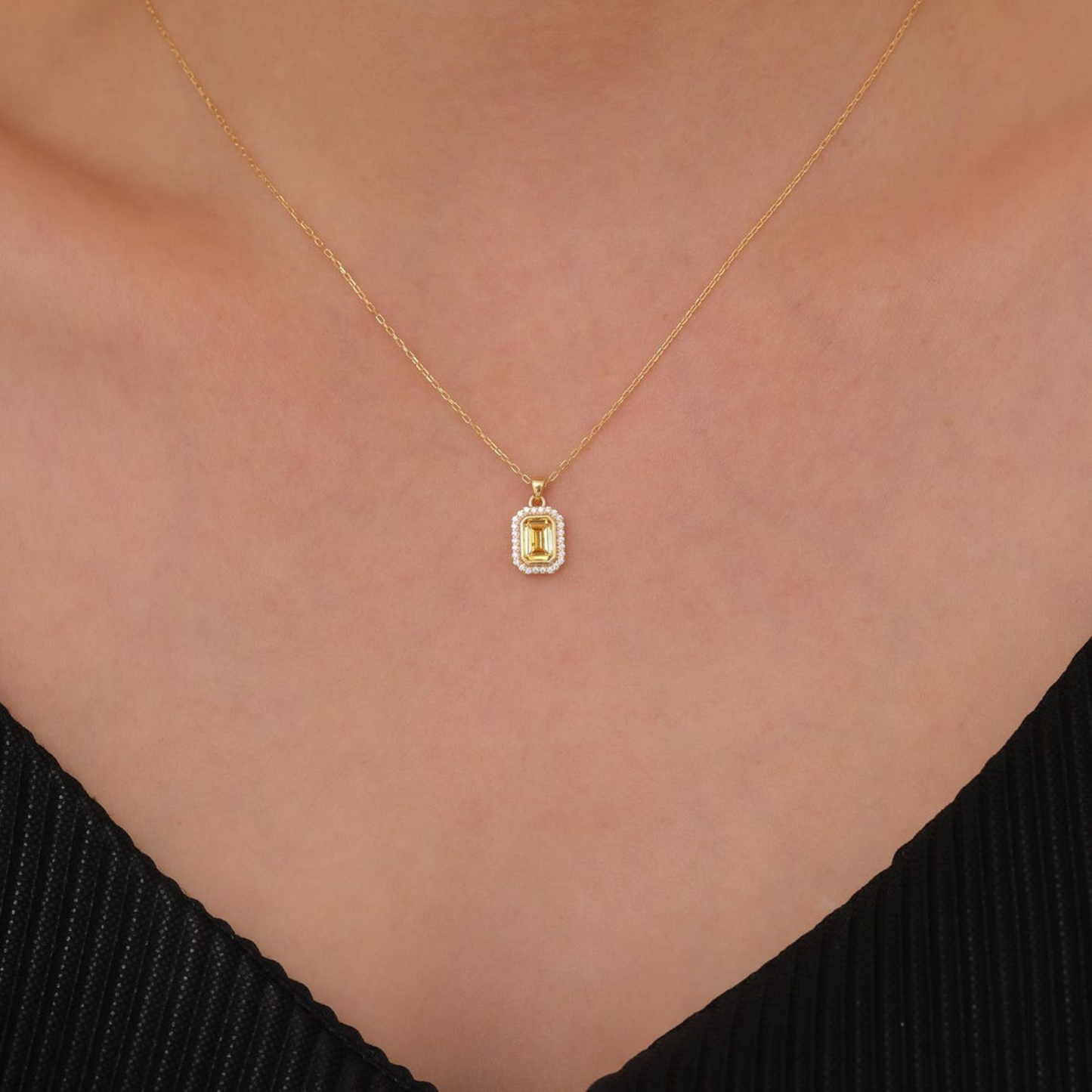 Rectangle Yellow Topaz Bezel Necklace in 8K/10K/14K Solid Gold Surrounded with Real Diamonds, Birthstone Jewelry