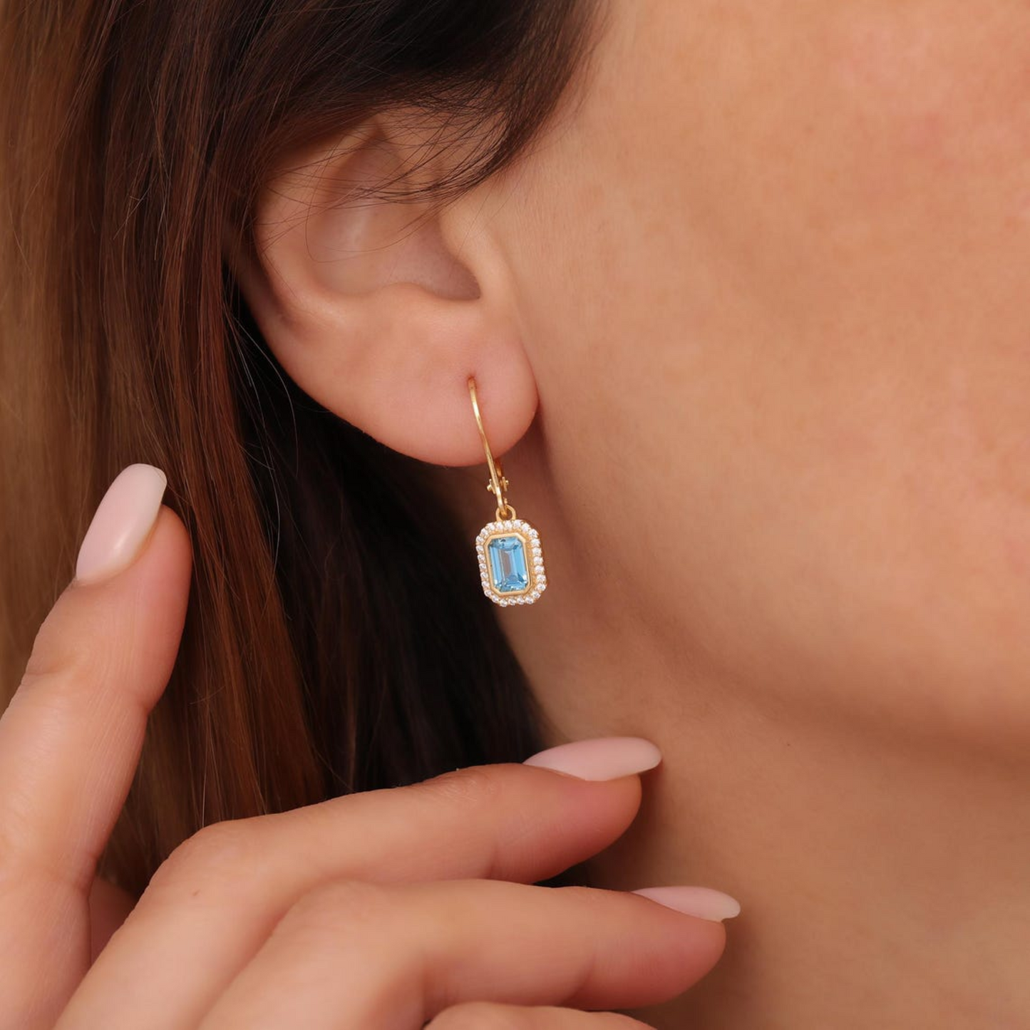 Rectangle Blue Topaz Bezel Dangle Earrings in 8K/10K/14K Solid Gold Surrounded with Real Diamonds, December Birthstone Jewelry