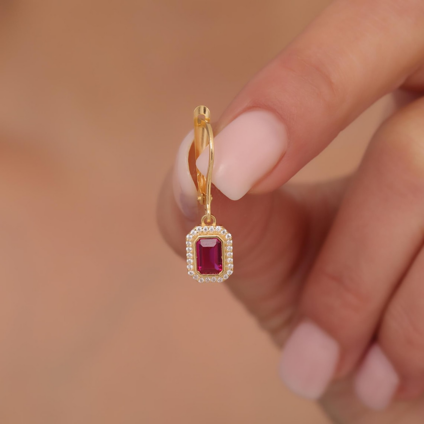 Rectangle Ruby Bezel Dangle Earrings in 8K/10K/14K Solid Gold Surrounded with Real Diamonds, July Birthstone Jewelry