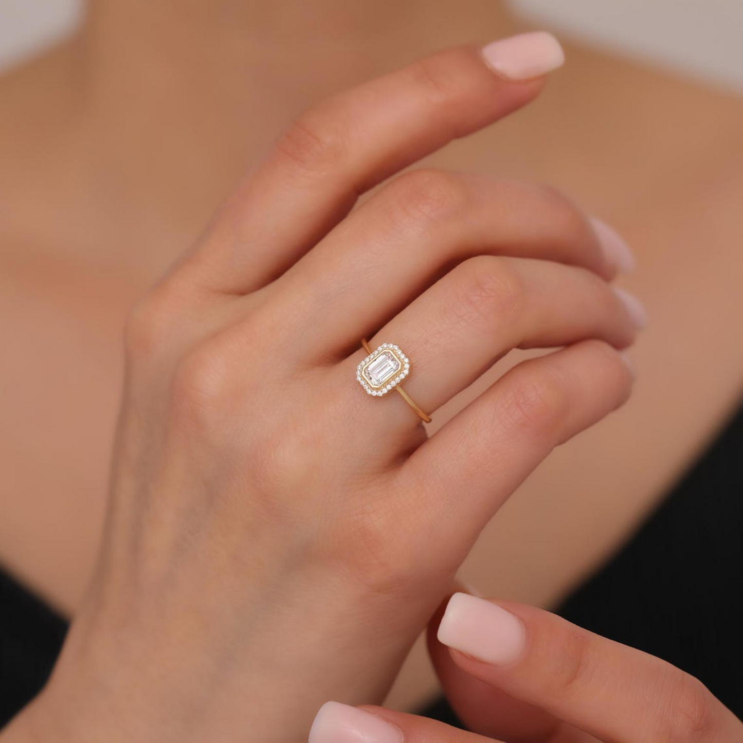 Rectangle White Topaz Bezel Ring in 14K Solid Gold Surrounded with Real Diamonds, April Birthstone Jewelry