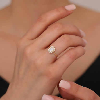 Rectangle White Topaz Bezel Ring in 14K Solid Gold Surrounded with Real Diamonds, April Birthstone Jewelry
