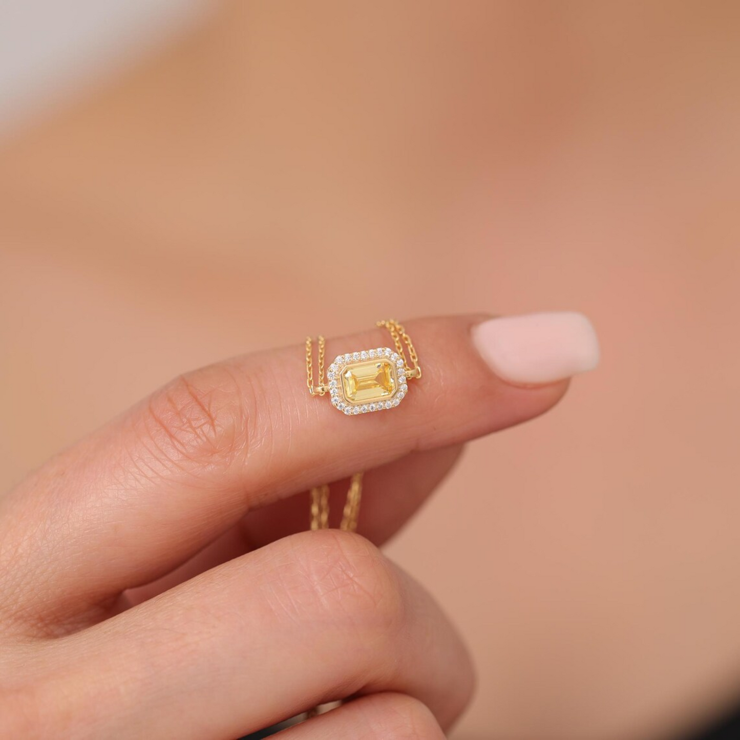 Rectangle Yellow Topaz Bezel Bracelet in 8K/10K/14K Solid Gold Surrounded with Real Diamonds, March Birthstone Jewelry