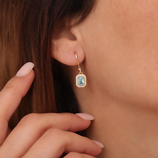 Rectangle Aquamarine Bezel Dangle Earrings in 8K/10K/14K Solid Gold Surrounded with Real Diamonds, March Birthstone Jewelry