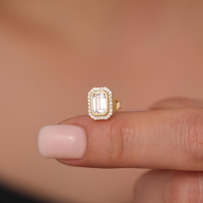 Rectangle White Topaz Bezel Stud Earrings in 10K/14K Solid Gold Surrounded with Real Diamonds, April Birthstone Jewelry