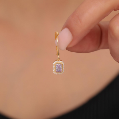 Rectangle Alexandrite Bezel Dangle Earrings in 8K/10K/14K Solid Gold Surrounded with Real Diamonds, June Birthstone Jewelry