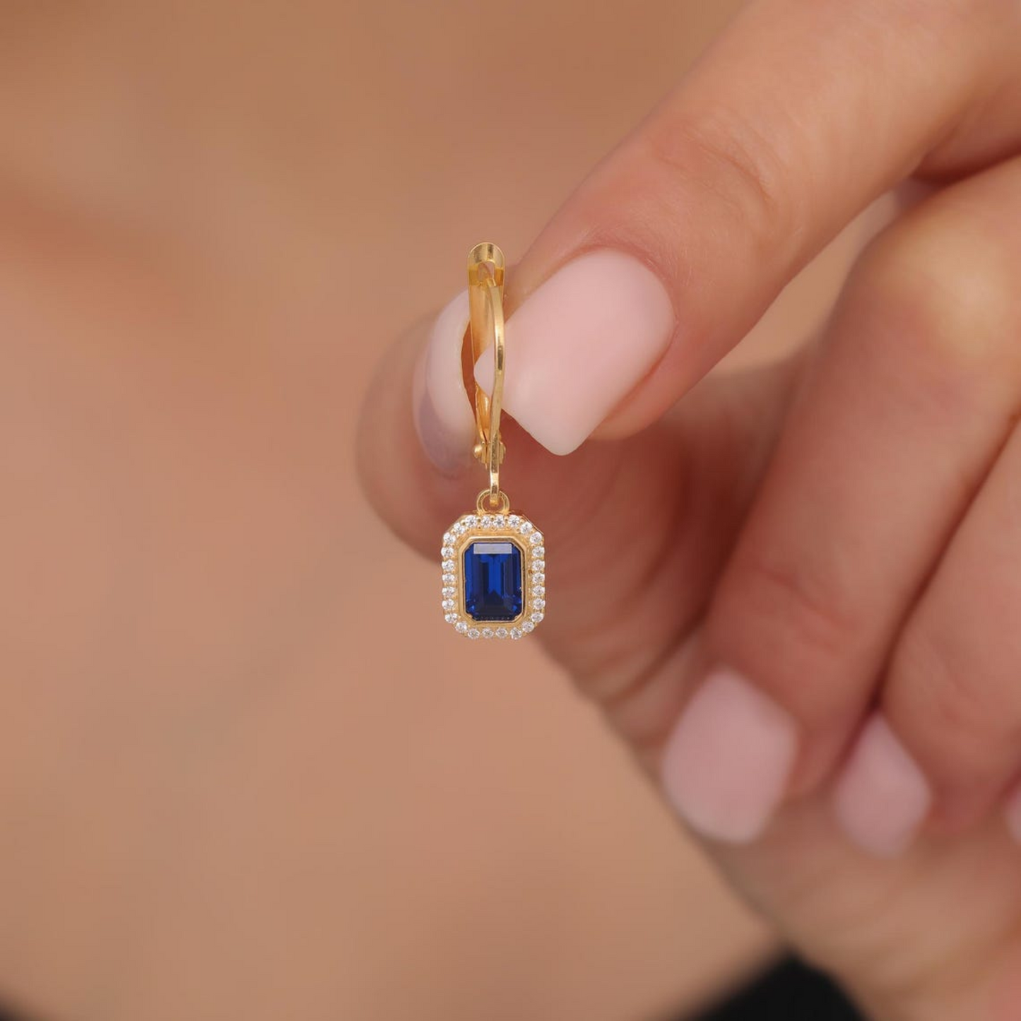 Rectangle Sapphire Bezel Dangle Earrings in 8K/10K/14K Solid Gold Surrounded with Real Diamonds, September Birthstone Jewelry