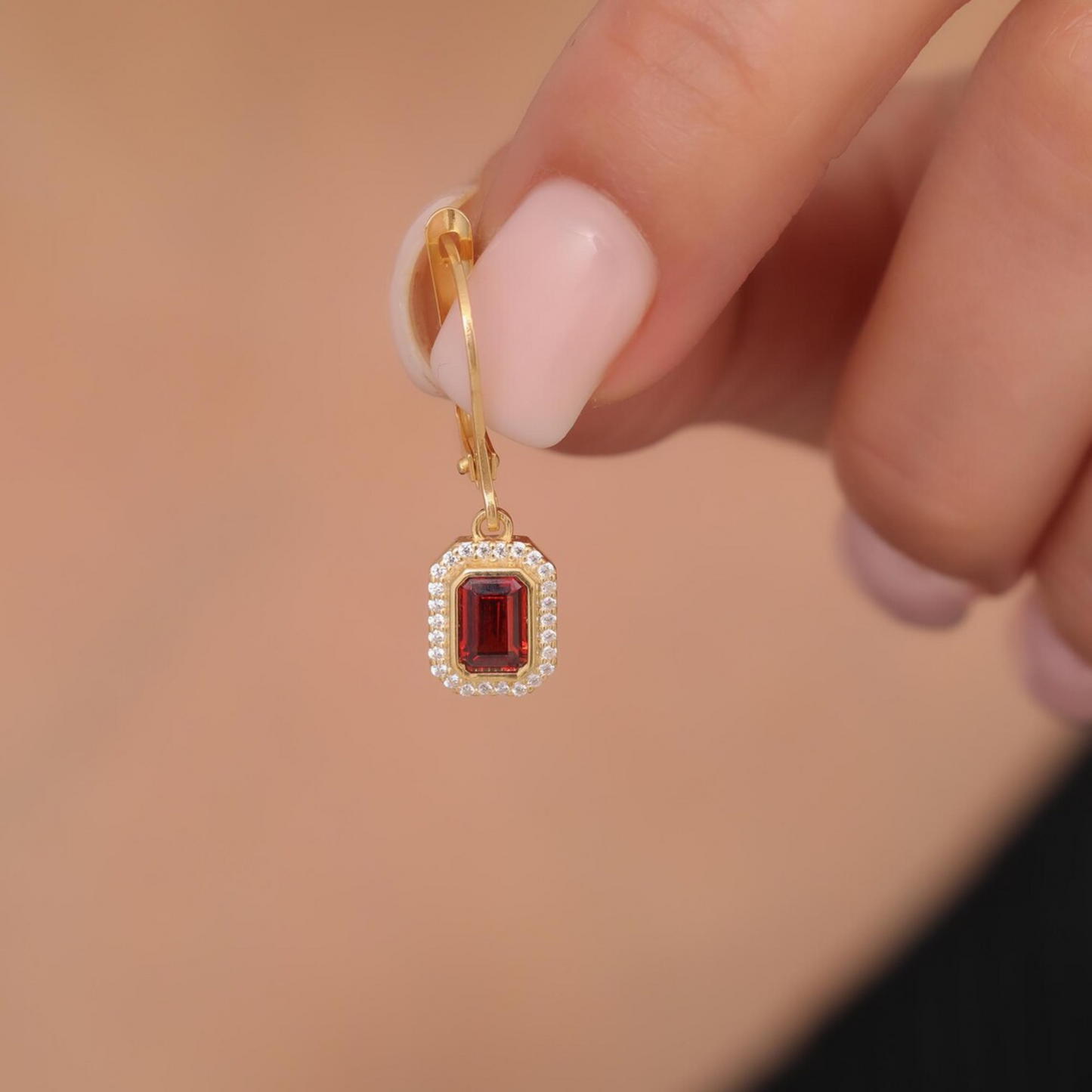 Rectangle Garnet Bezel Dangle Earrings in 8K/10K/14K Solid Gold Surrounded with Real Diamonds, January Birthstone Jewelry