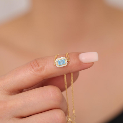 Rectangle Blue Topaz Bezel Bracelet in 8K/10K/14K Solid Gold Surrounded with Real Diamonds, December Birthstone Jewelry