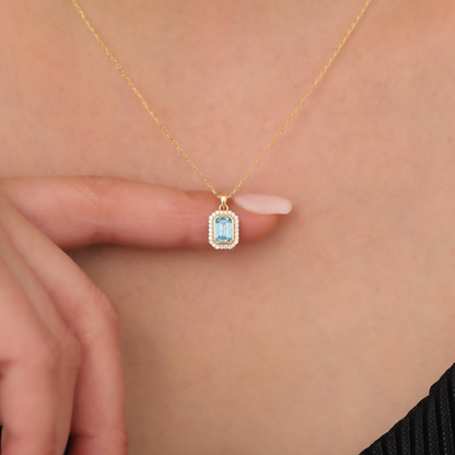 Rectangle Blue Topaz Bezel Necklace in 8K/10K/14K Solid Gold Surrounded with Real Diamonds, December Birthstone Jewelry