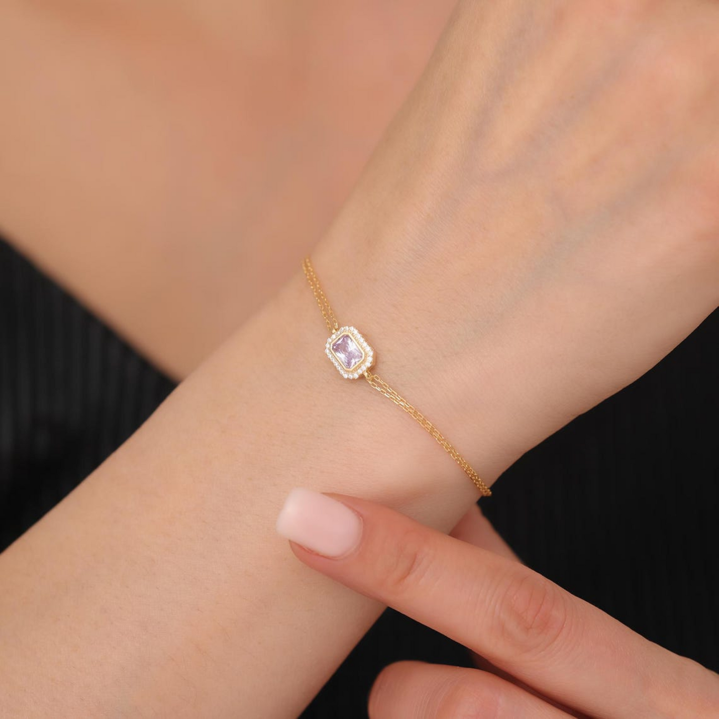 Rectangle Alexandrite Bezel Bracelet in 8K/10K/14K Solid Gold Surrounded with Real Diamonds, June Birthstone Jewelry