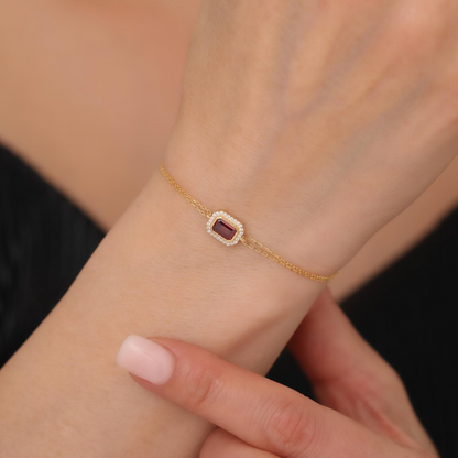 Rectangle Garnet Bezel Bracelet in 8K/10K/14K Solid Gold Surrounded with Real Diamonds, January Birthstone Jewelry