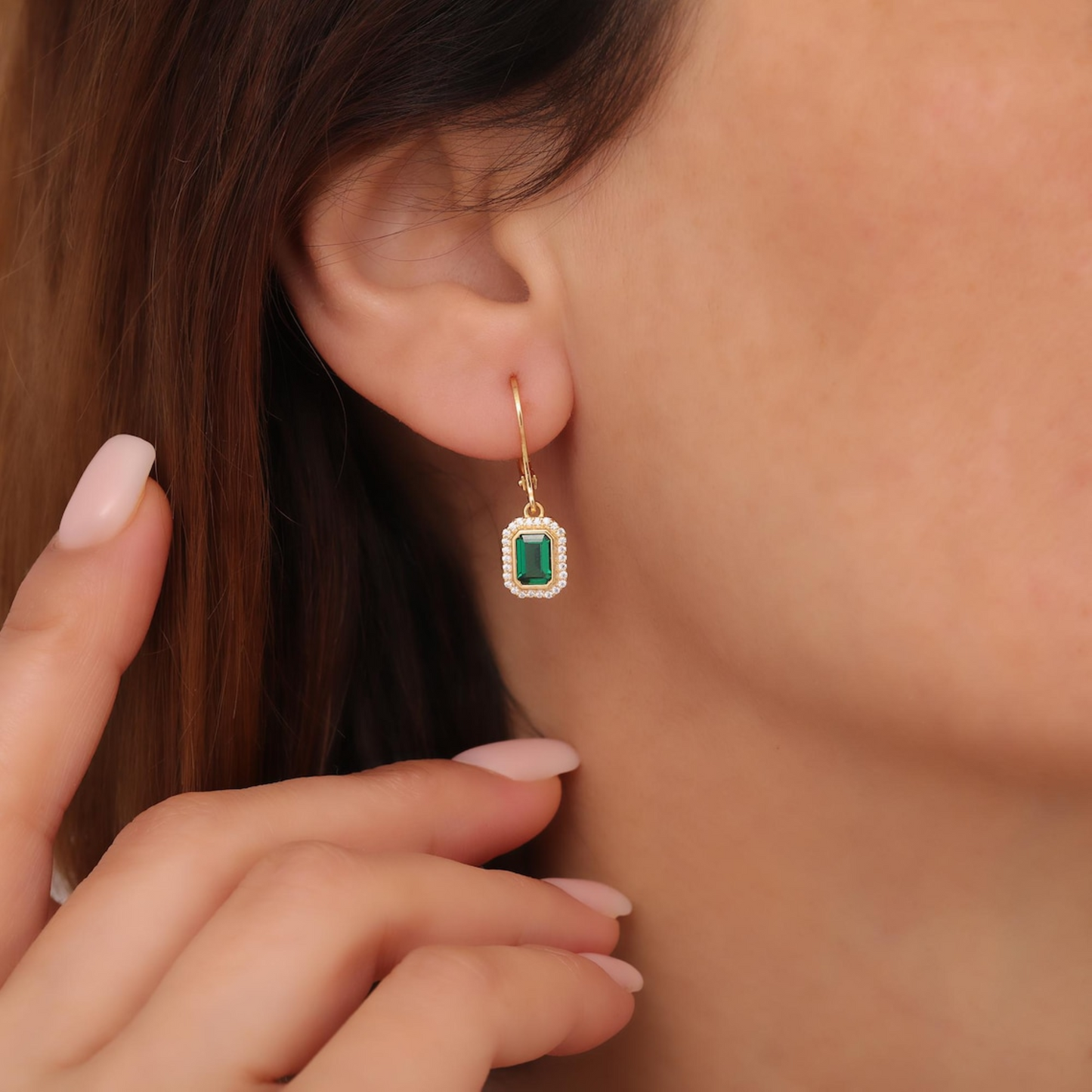 Rectangle Emerald Bezel Dangle Earrings in 8K/10K/14K Solid Gold Surrounded with Real Diamonds, May Birthstone Jewelry