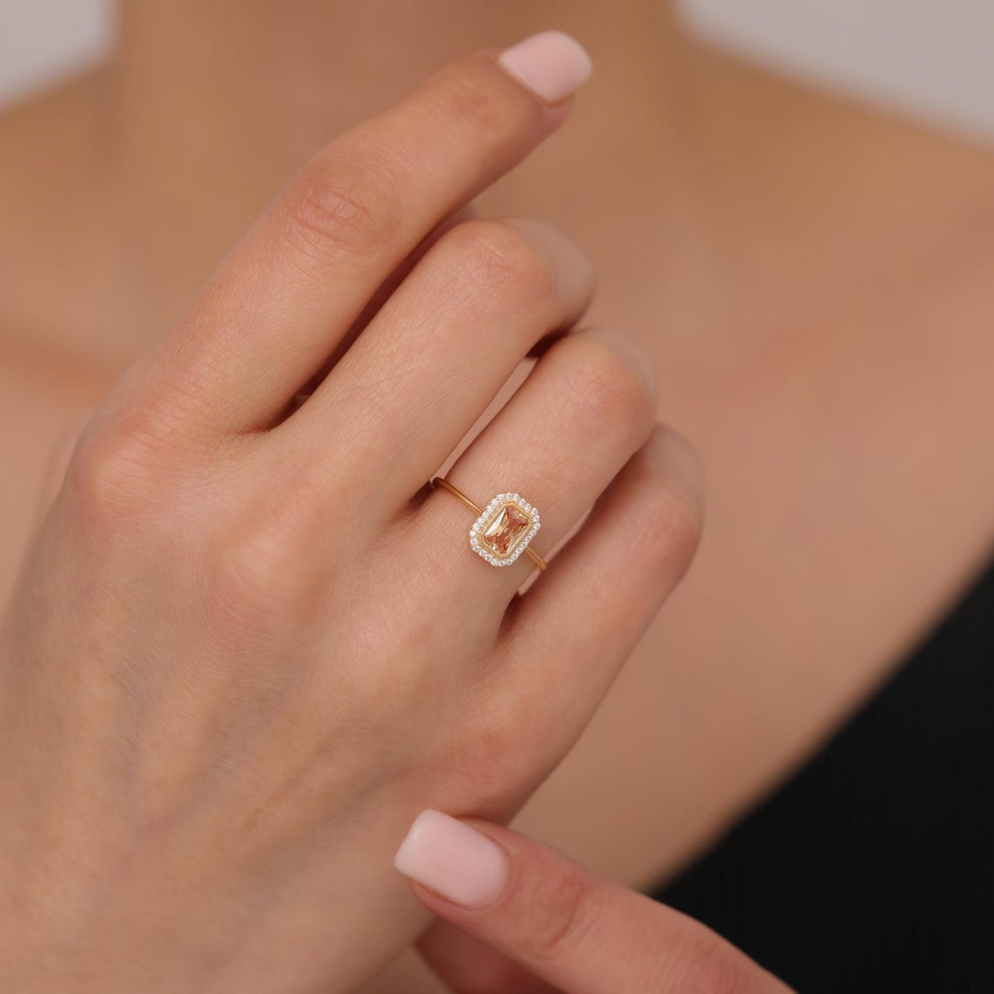 Rectangle Citrine Bezel Ring in 14K Solid Gold Surrounded with Real Diamonds, November Birthstone Jewelry
