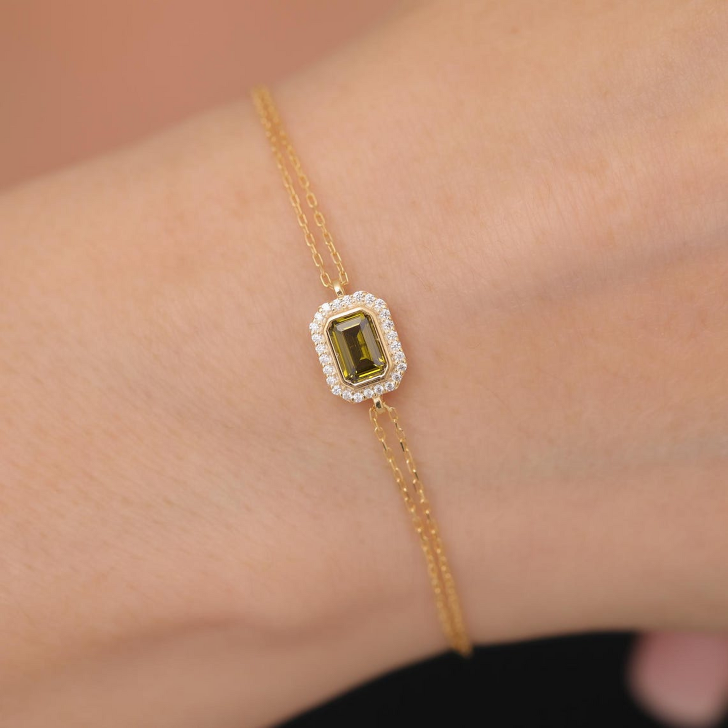 Rectangle Peridot Bezel Bracelet in 8K/10K/14K Solid Gold Surrounded with Real Diamonds, August Birthstone Jewelry