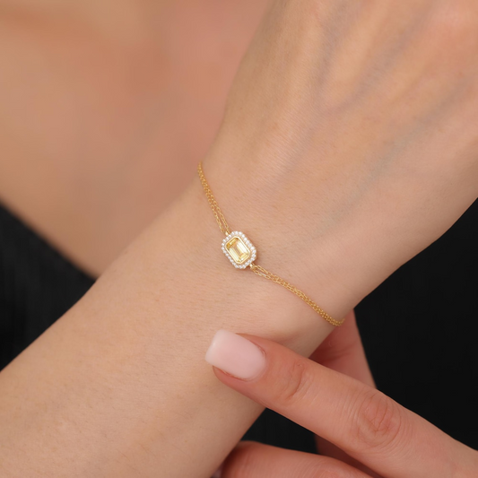 Rectangle Yellow Topaz Bezel Bracelet in 8K/10K/14K Solid Gold Surrounded with Real Diamonds, March Birthstone Jewelry