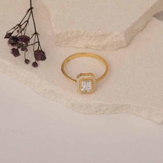 Rectangle White Topaz Bezel Ring in 14K Solid Gold Surrounded with Real Diamonds, April Birthstone Jewelry