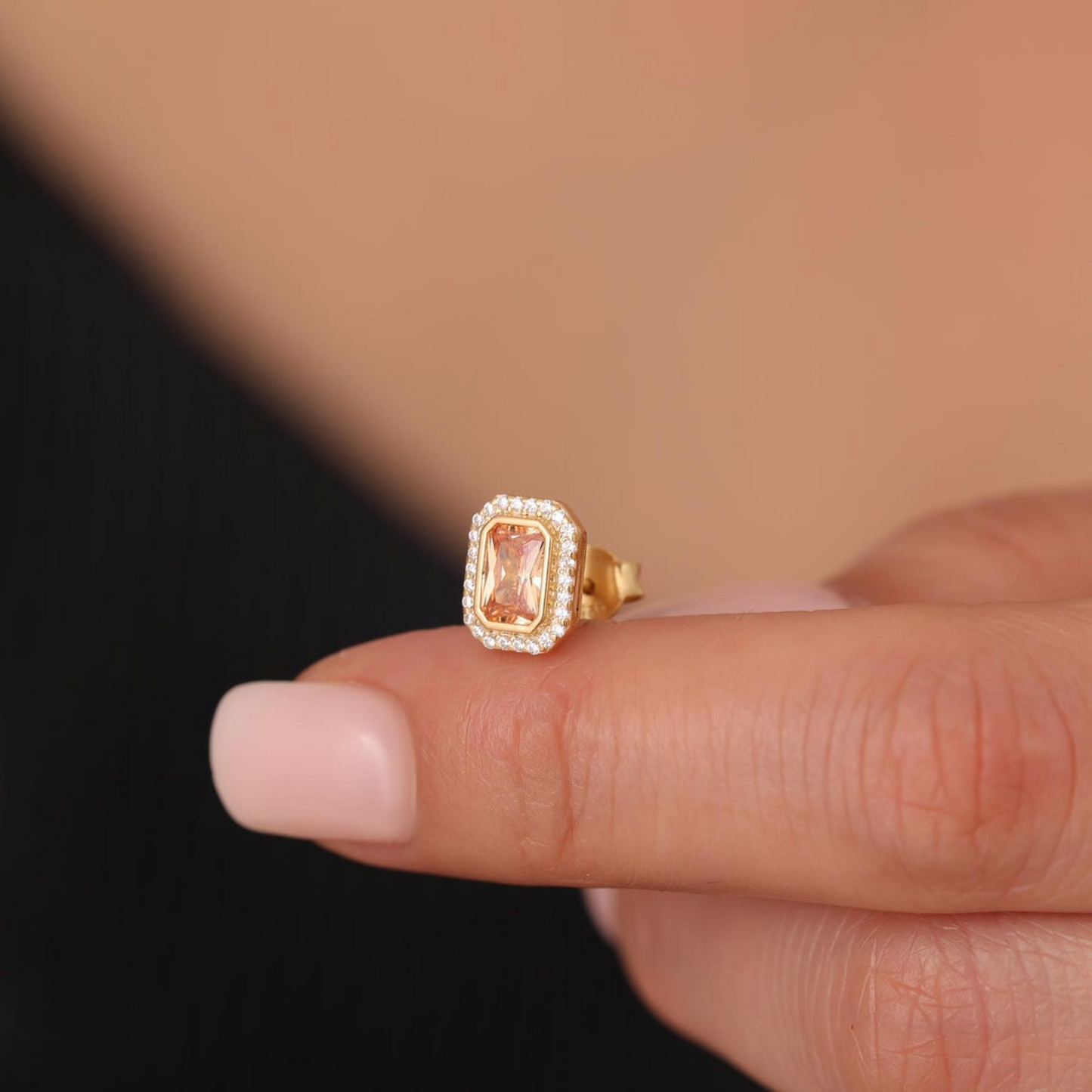 Rectangle Citrine Bezel Stud Earrings in 10K/14K Solid Gold Surrounded with Real Diamonds, November Birthstone Jewelry