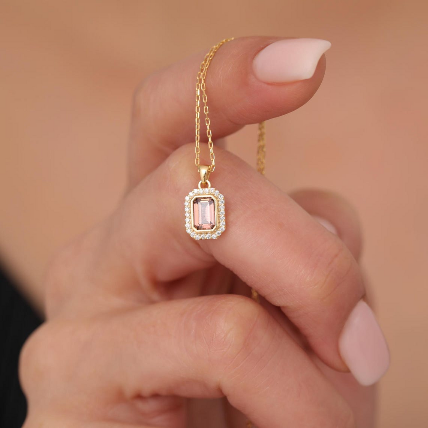 Rectangle Smoky Quartz Bezel Necklace in 8K/10K/14K Solid Gold Surrounded with Real Diamonds, Birthstone Jewelry