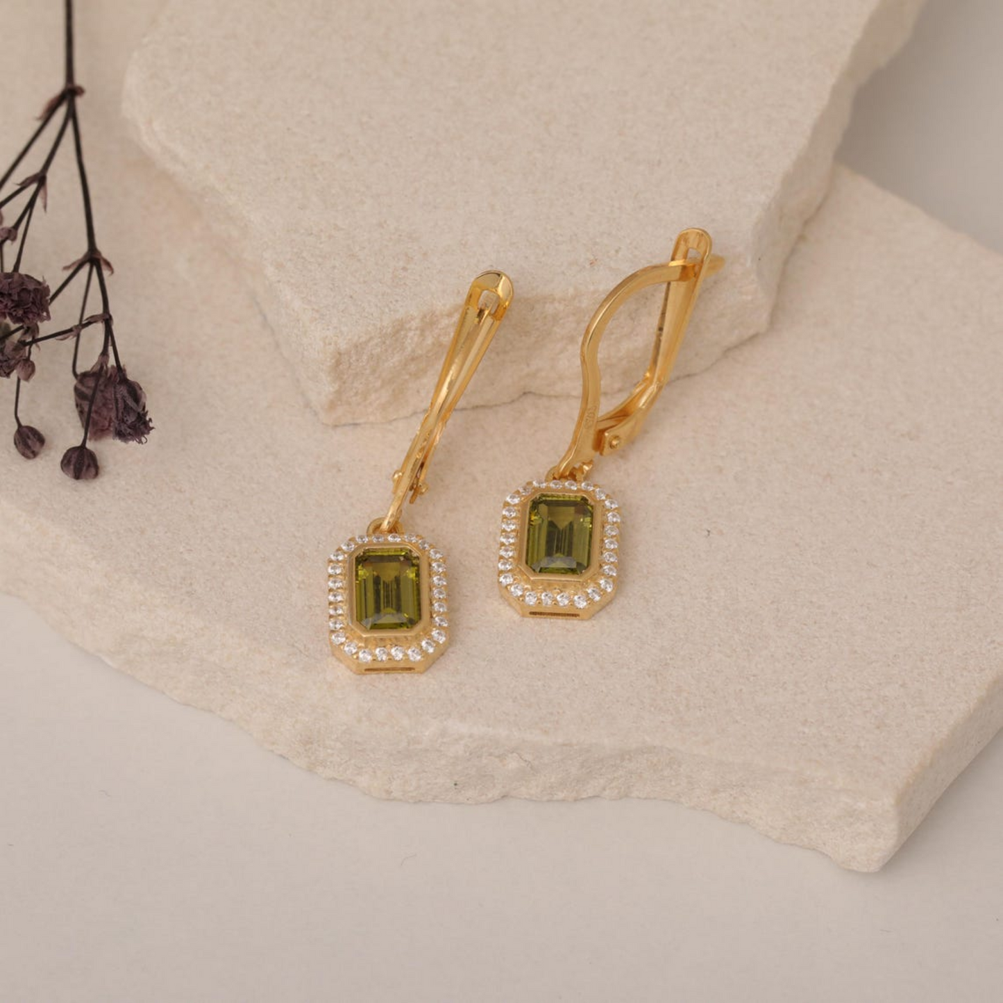 Rectangle Peridot Bezel Dangle Earrings in 8K/10K/14K Solid Gold Surrounded with Real Diamonds, August Birthstone Jewelry