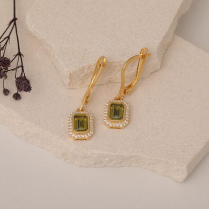 Rectangle Peridot Bezel Dangle Earrings in 8K/10K/14K Solid Gold Surrounded with Real Diamonds, August Birthstone Jewelry