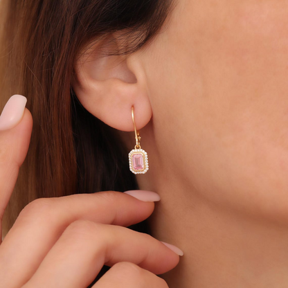 Rectangle Pink Tourmaline Bezel Dangle Earrings in 8K/10K/14K Solid Gold Surrounded with Real Diamonds, October Birthstone Jewelry