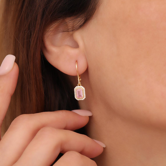 Rectangle Pink Tourmaline Bezel Dangle Earrings in 8K/10K/14K Solid Gold Surrounded with Real Diamonds, October Birthstone Jewelry