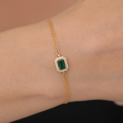Rectangle Emerald Bezel Bracelet in 8K/10K/14K Solid Gold Surrounded with Real Diamonds, May Birthstone Jewelry