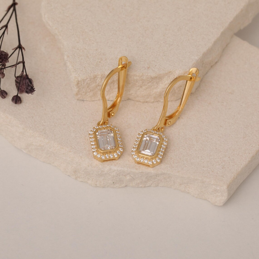 Rectangle White Topaz Bezel Dangle Earrings in 8K/10K/14K Solid Gold Surrounded with Real Diamonds, April Birthstone Jewelry