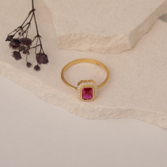 Rectangle Ruby Bezel Ring in 14K Solid Gold Surrounded with Real Diamonds, July Birthstone Jewelry