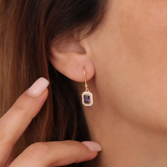 Rectangle Amethyst Bezel Dangle Earrings in 8K/10K/14K Solid Gold Surrounded with Real Diamonds, February Birthstone Jewelry